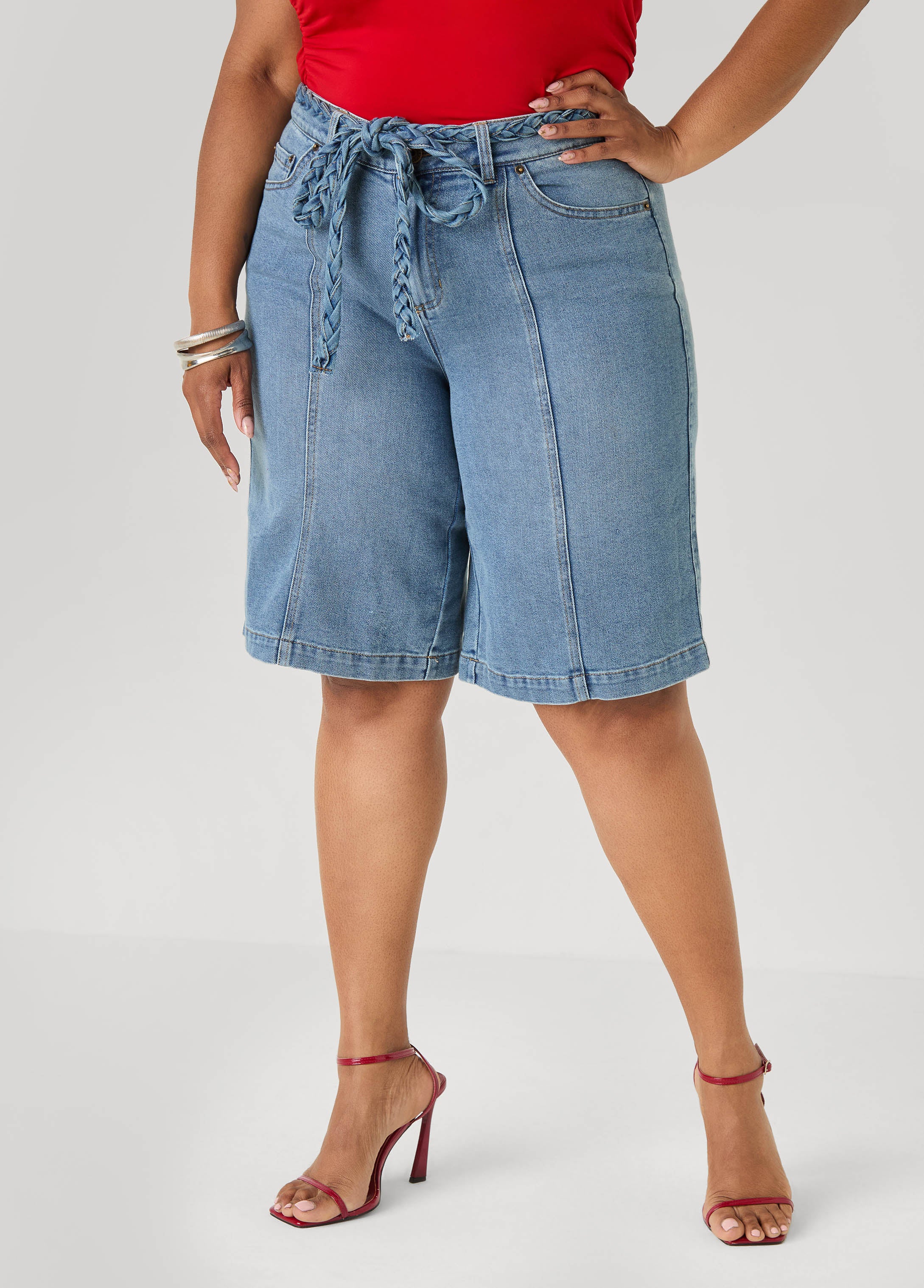 Plus Size Belted Denim Bermuda Shorts Plus Size Jean Jhorts