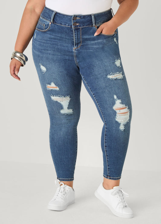 Distressed Mid Rise Skinny Jeans
