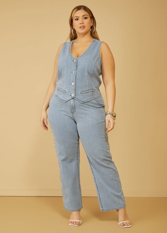 Plus Size Pinstriped Straight Leg Jeans Plus Size Jean Set
