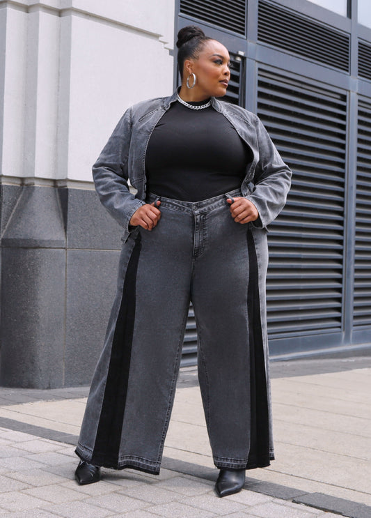 Plus Size Stonewash Black Wide Leg Jeans Matching Set