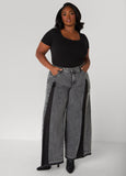 Plus Size Pleated Two Tone Wide Leg Jeans