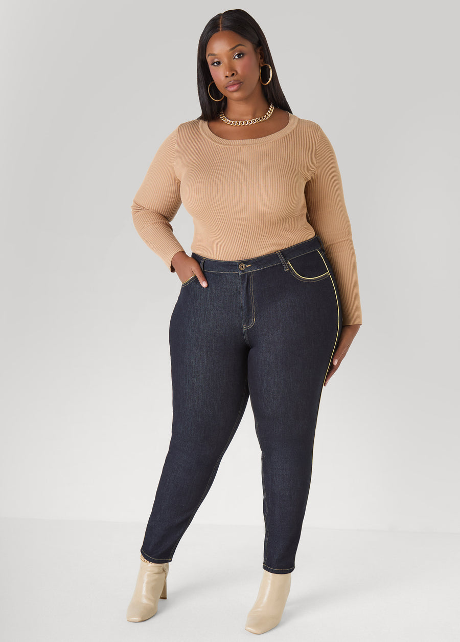 Plus Size Dark Wash Skinny Jeans Mid Rise Gold Stretchy Jeans	