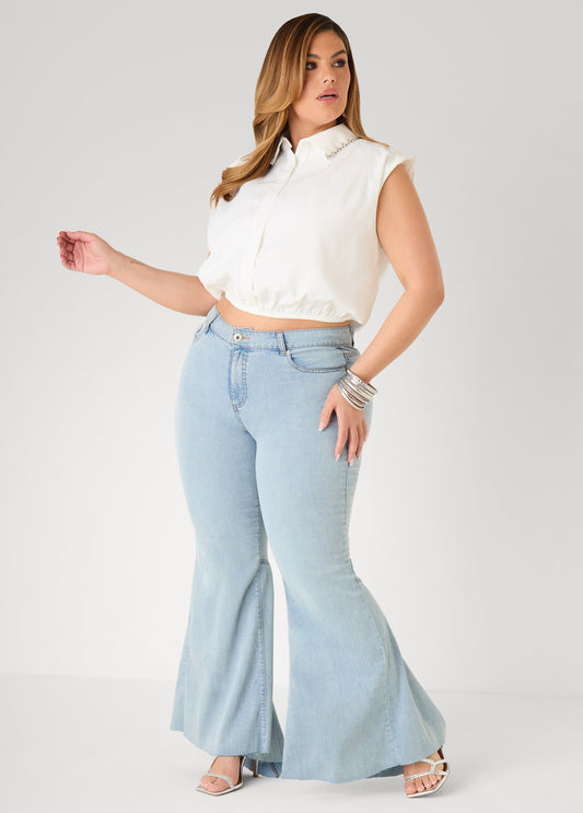 Plus Size Light Wash Flare Jeans Mid Rise Trendy Bell Bottom Jeans