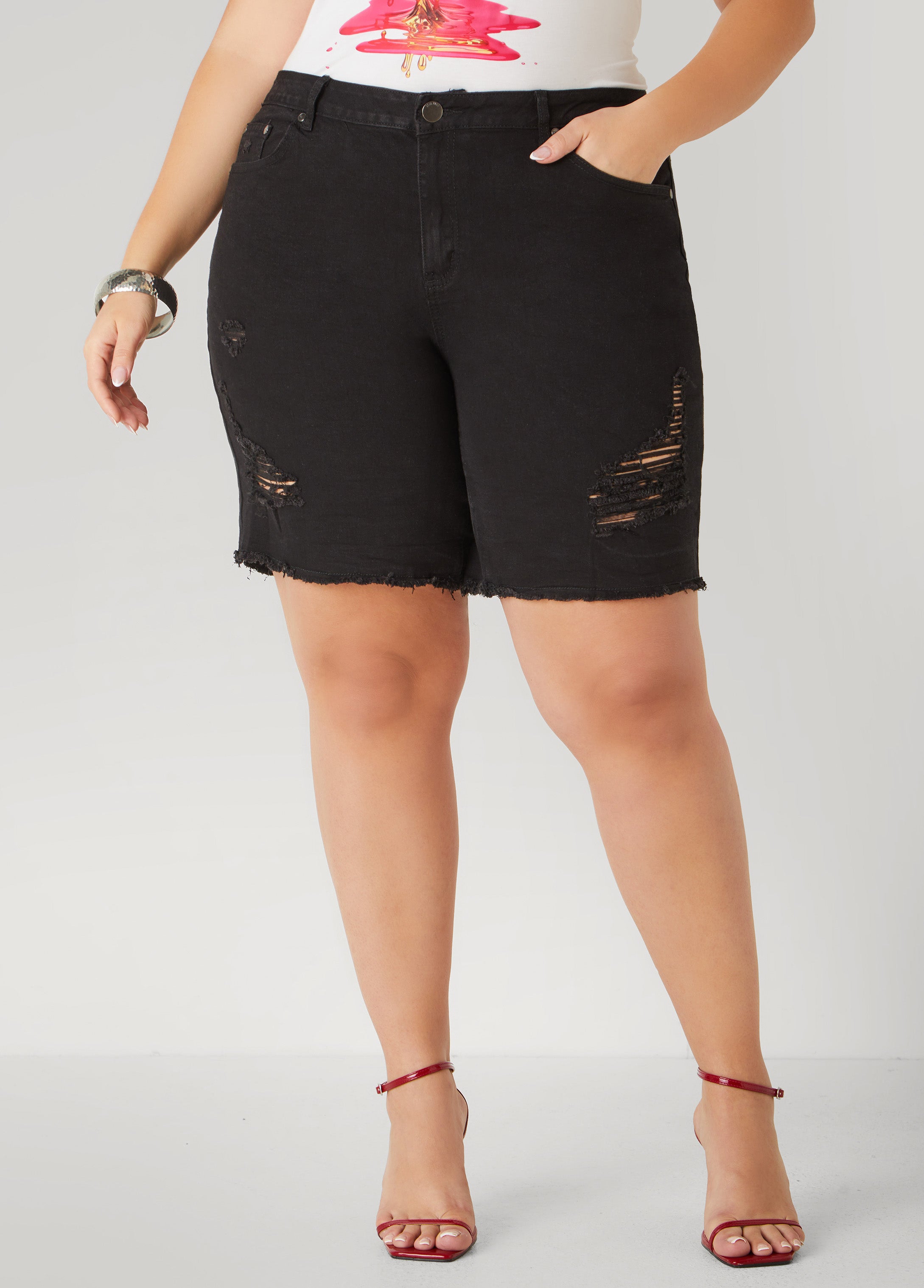 Plus Size High Rise Distressed Denim Shorts