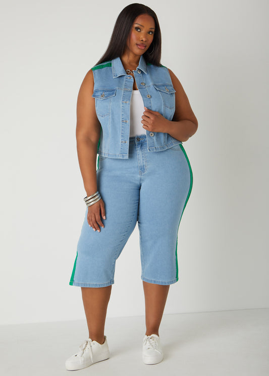 Plus Size Striped Denim Capris