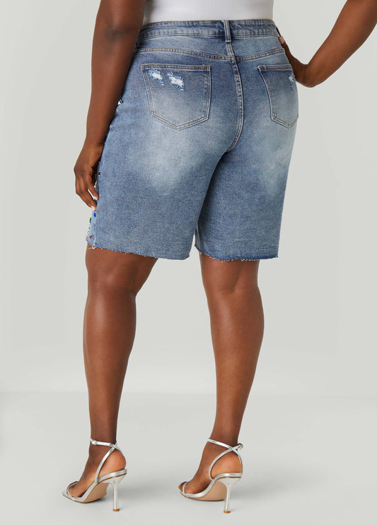 Crystal Distressed Denim Shorts