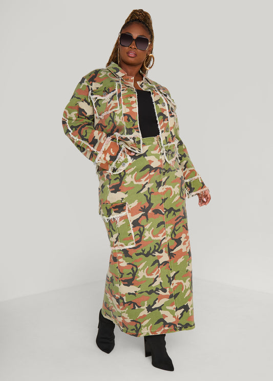 Plus Size Camo Print Denim Cargo Maxi Skirt