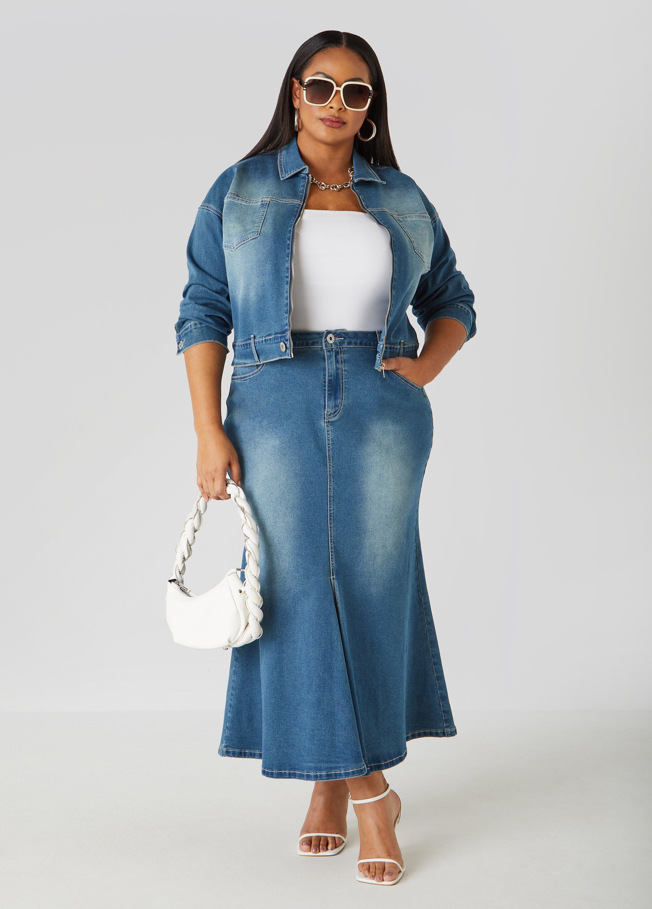 Plus Size Split Front Denim Maxi Skirt