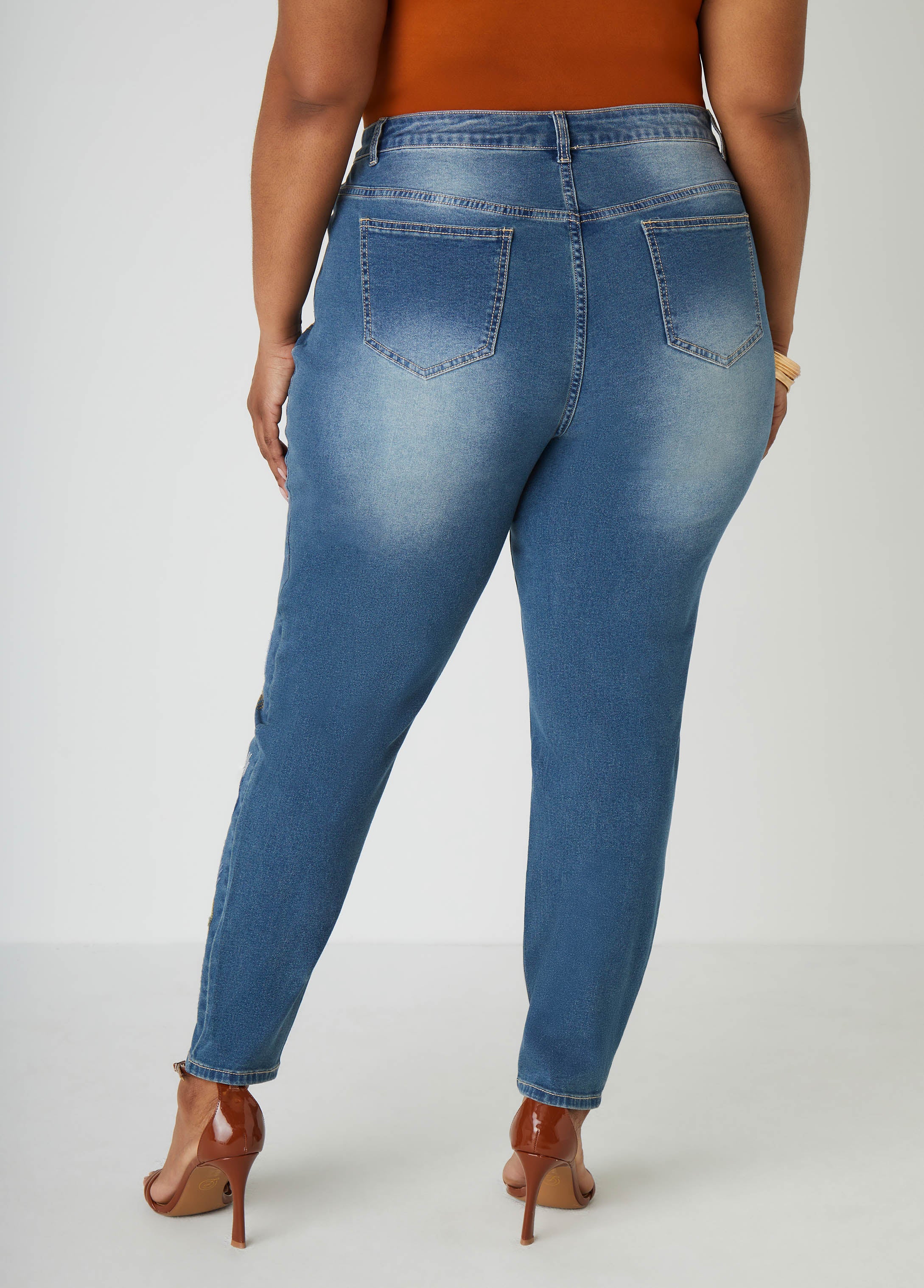 Plus Size Mid Rise Skinny Jeans Plus Size Stitched Denim Jeans