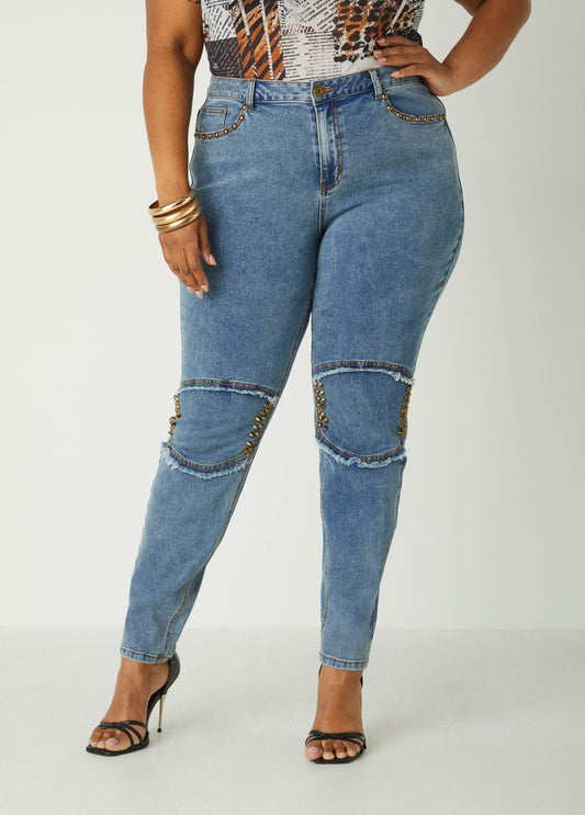 Studded Mid Rise Skinny Jeans