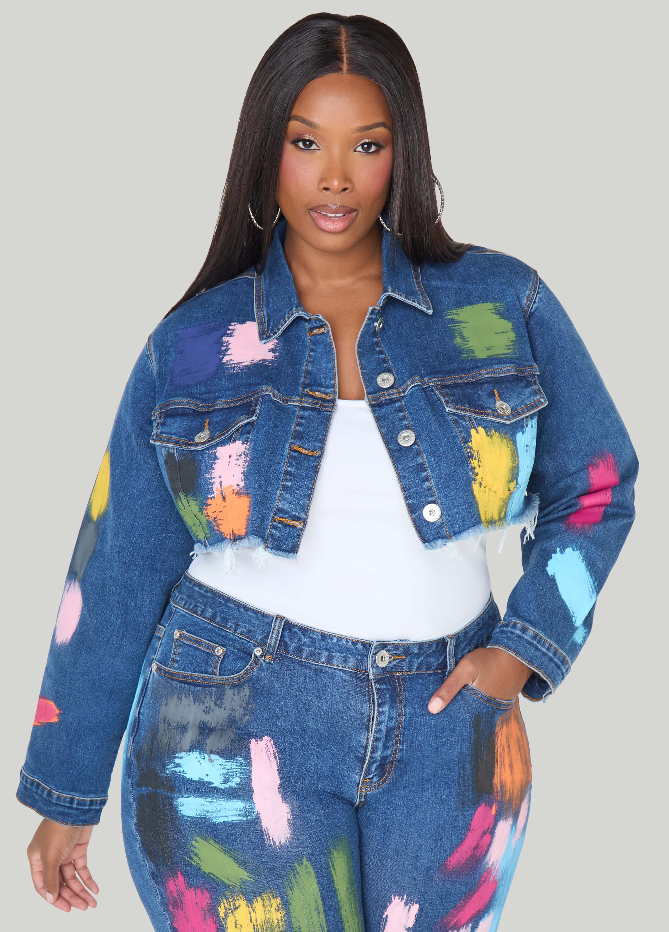 Plus Size Cropped Painted Denim Jacket
