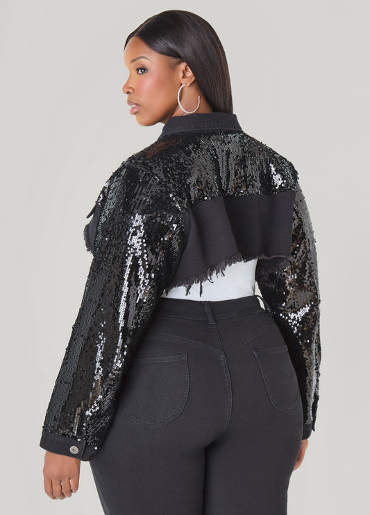 Sequined Cropped Denim Jacket
