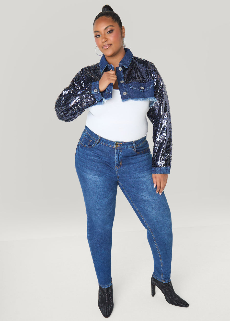 Plus Size sequin crop denim jacket distressed jean jacket