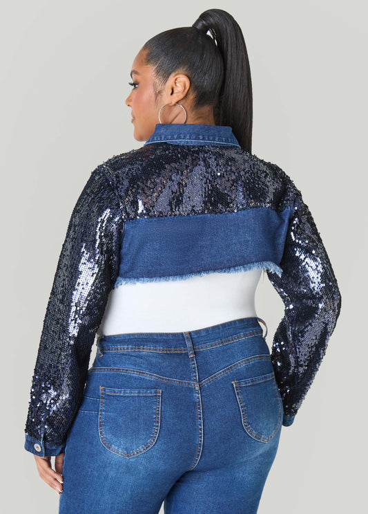 Sequined Cropped Denim Jacket
