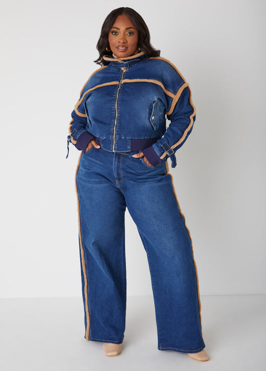 Faux Sherpa Trimmed Wide Leg Jeans