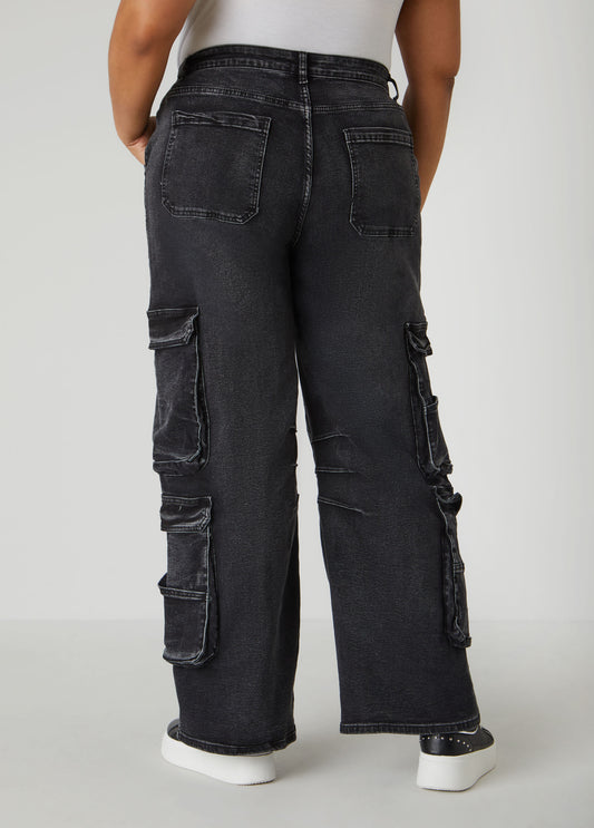 Stonewash High Rise Cargo Jeans