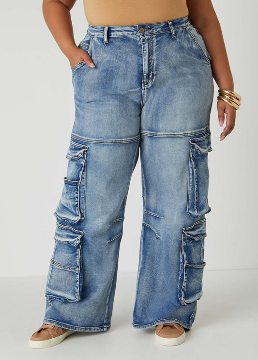 Stonewash High Rise Cargo Jeans
