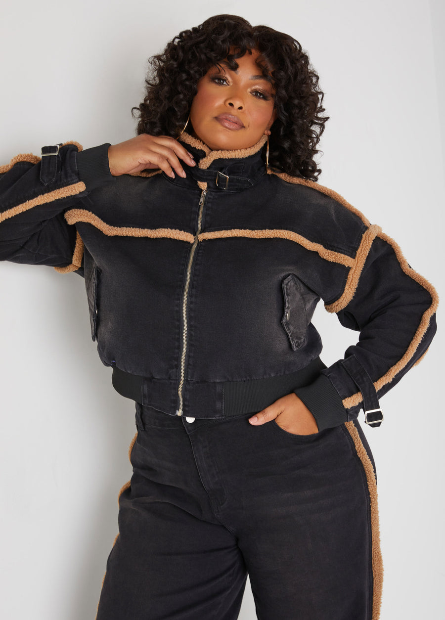 Plus Size cropped denim jacket plus size sherpa jean jacket set