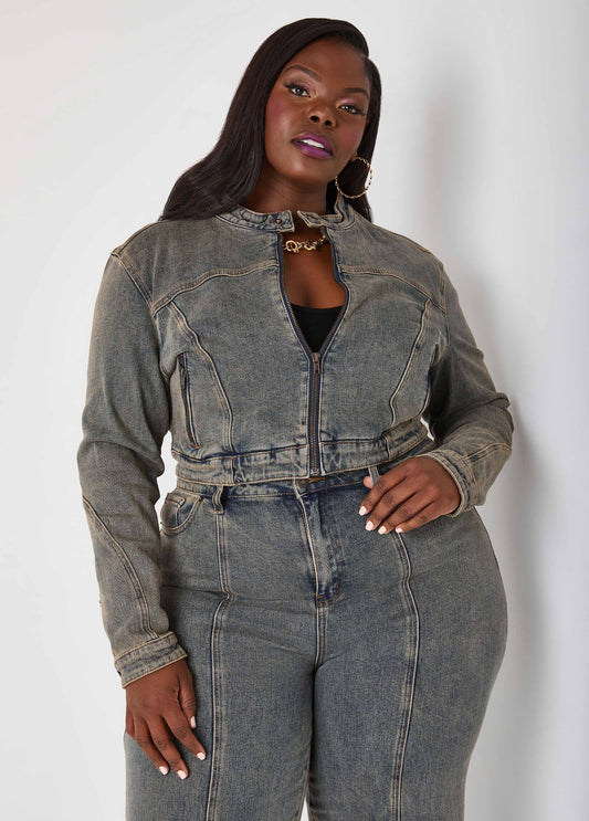 Zip Detailed Cropped Denim Jacket