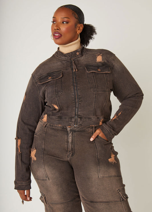 Cropped Distressed Denim Jacket