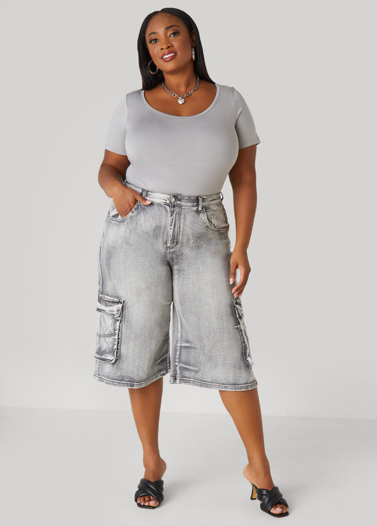 Plus Size Stonewash Denim Cargo Shorts