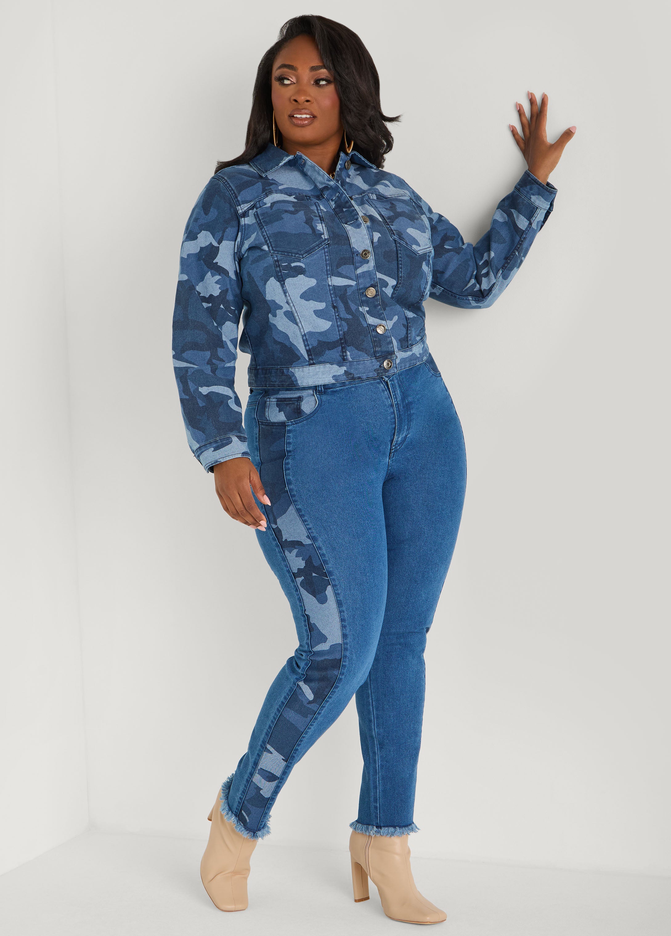 Plus Size Mid Rise Camo Denim Skinny Jeans Straight Jeans Set