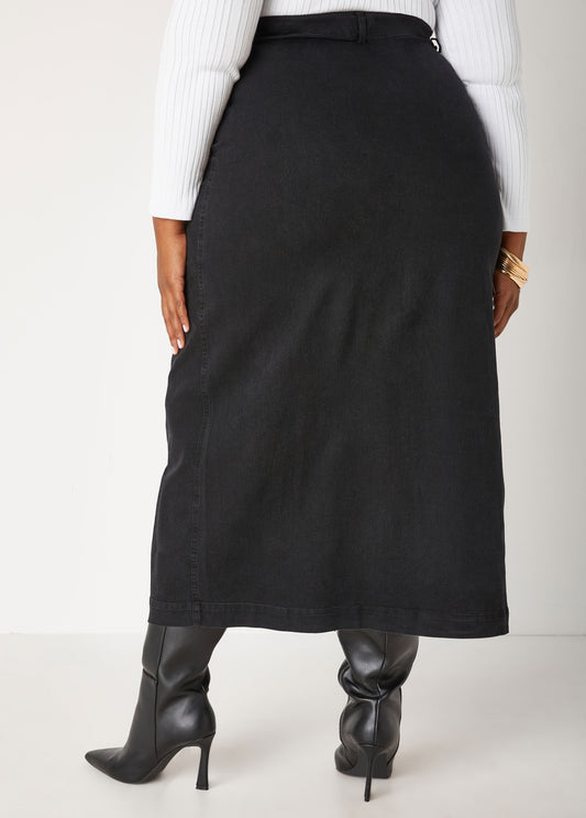 Stretch Denim Cargo Maxi Skirt