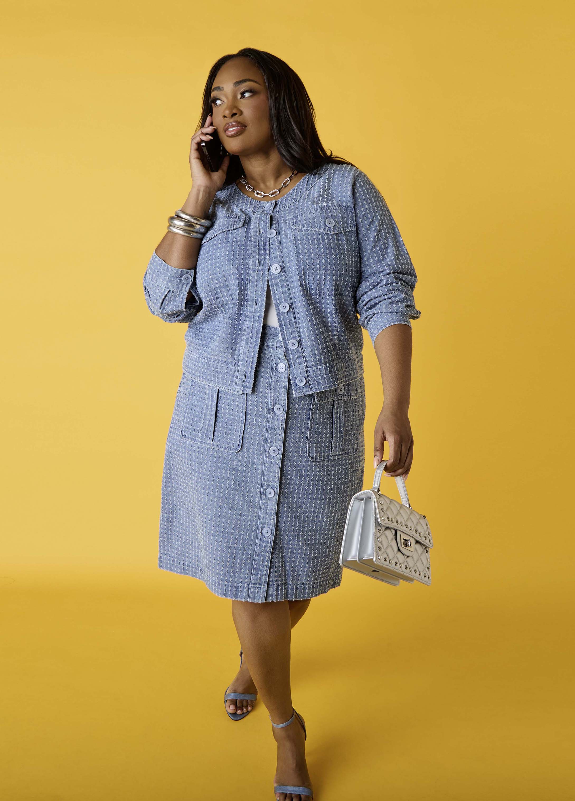 Plus Size Textured Distressed Denim Cargo Skirt Matching Set