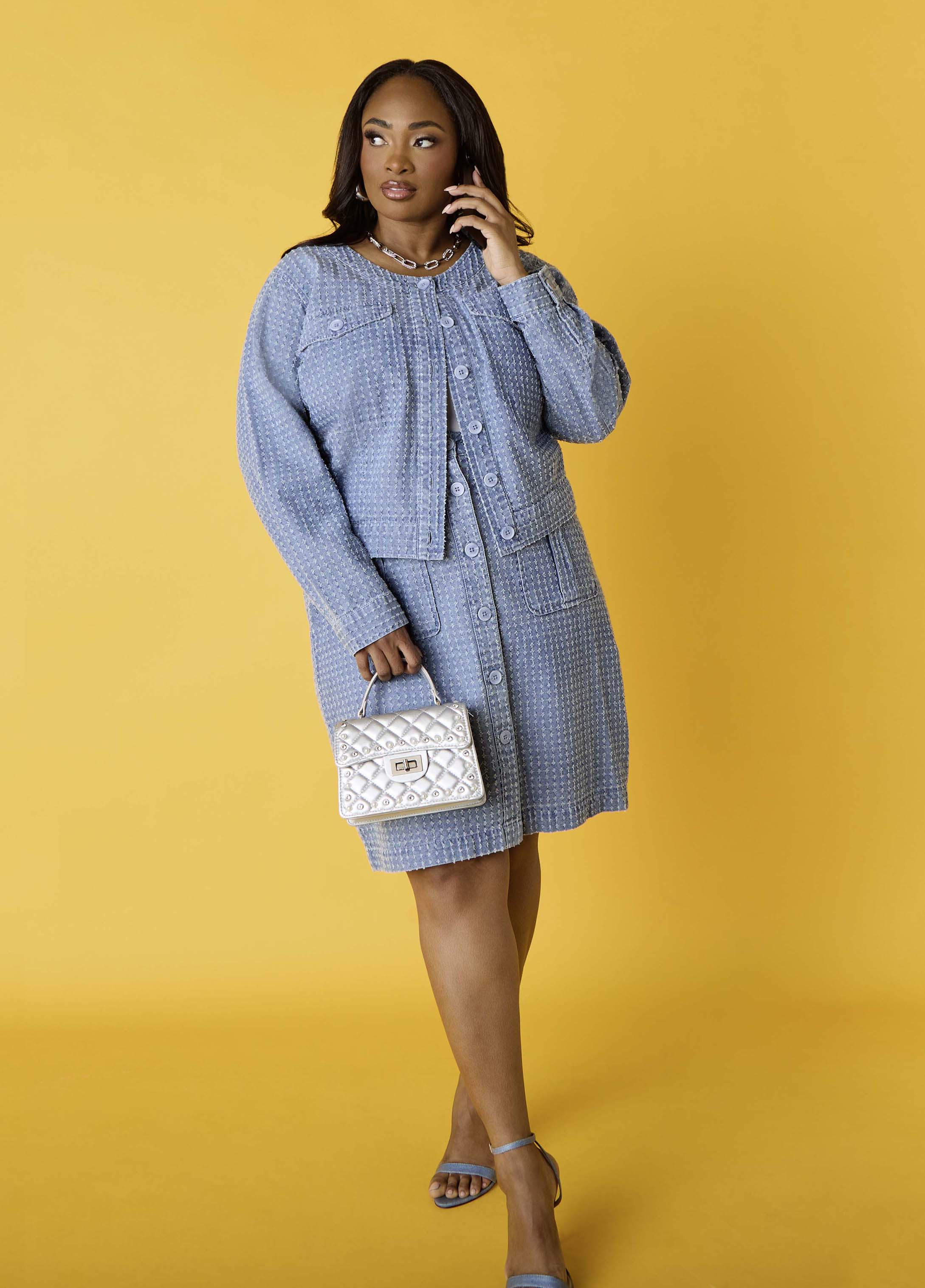 Plus Size Textured Distressed Denim Cargo Skirt Matching Set