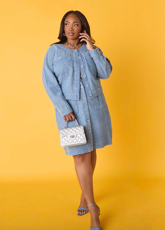 Plus Size Textured Distressed Denim Cargo Skirt Matching Set