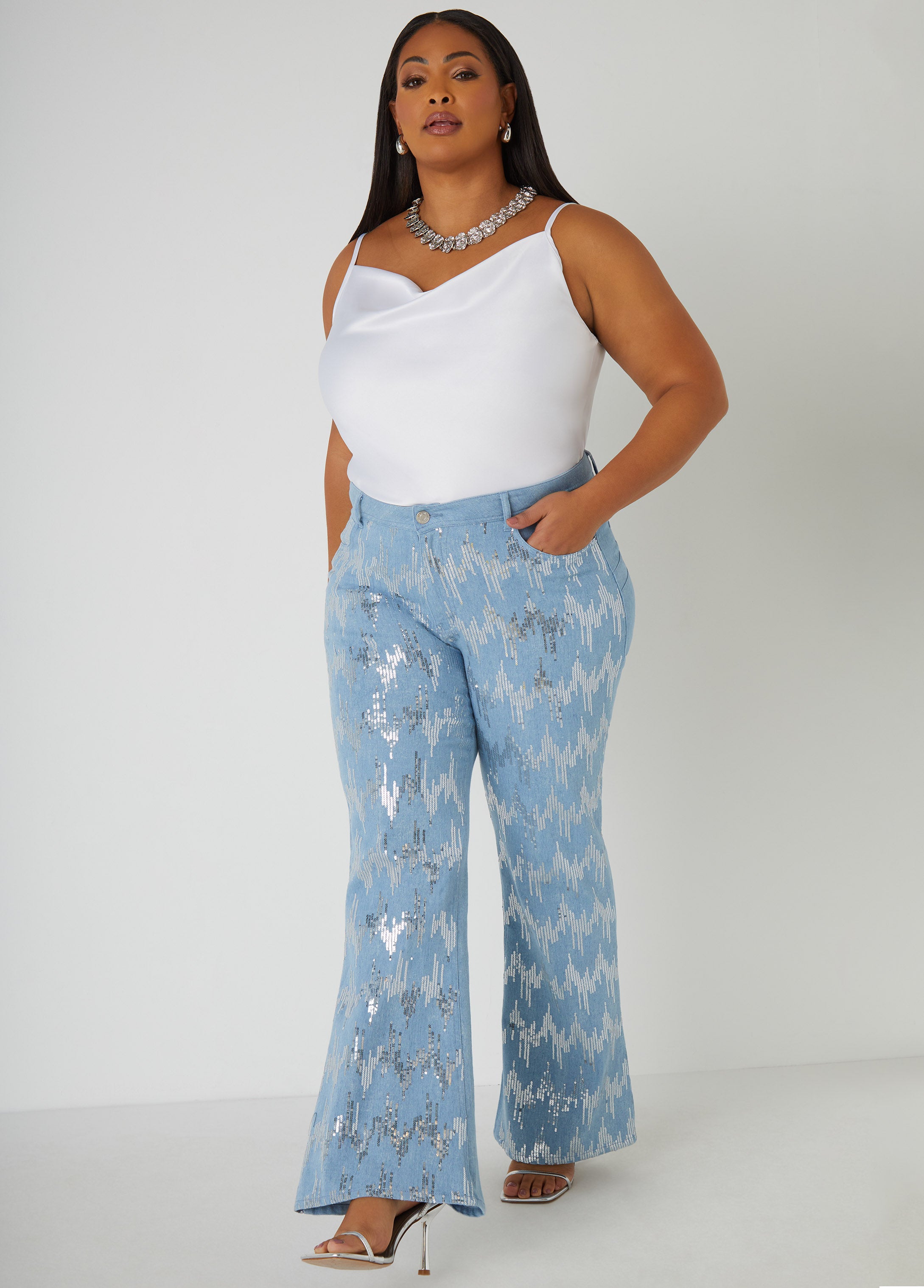 Plus Size Flared Jeans Trendy Sequin Plus Size Bell Bottom Jeans