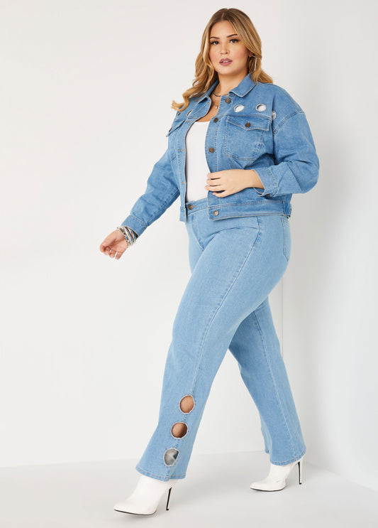 Plus Size Bootcut Jeans Mid Rise Crystal Cutout Jeans Set