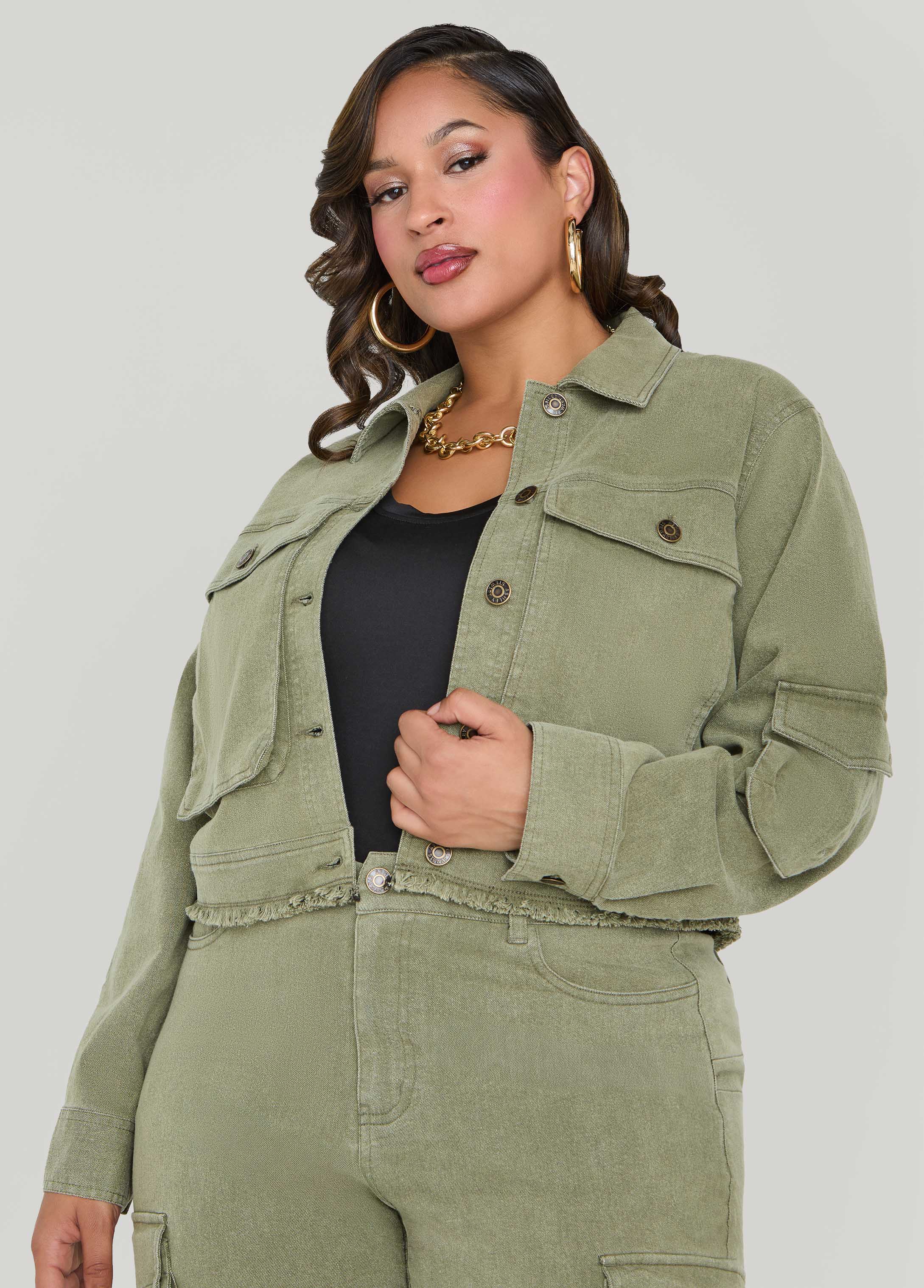 Plus Size Cropped Denim Cargo Jacket