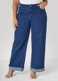Cuffed Pinstriped Wide Leg Jeans