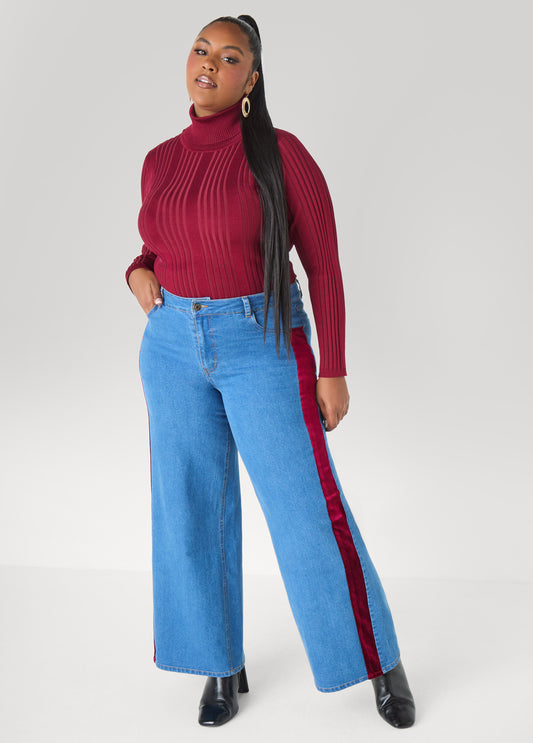 Velvet Trimmed Wide Leg Jeans