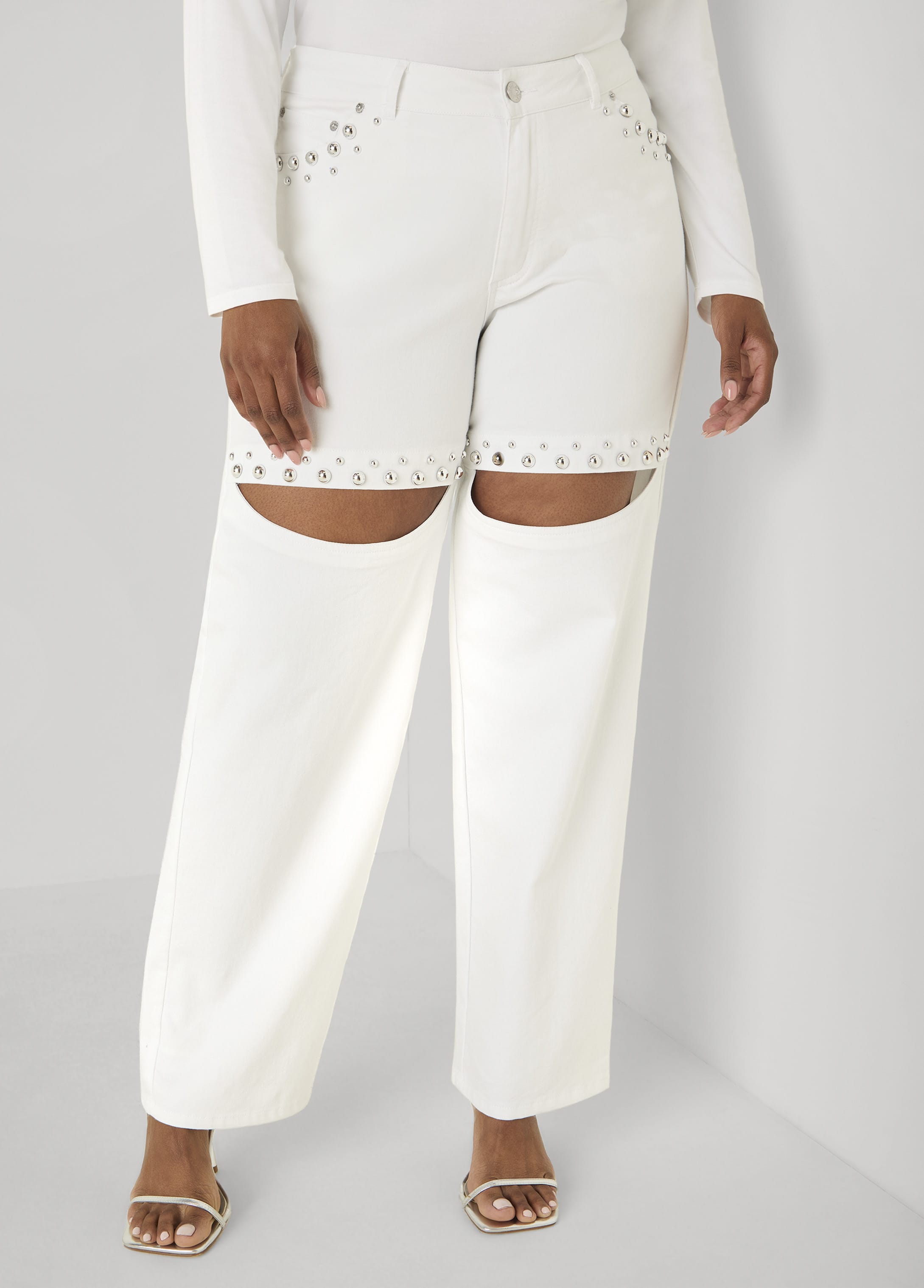 Cutout Studded Straight Leg Jeans