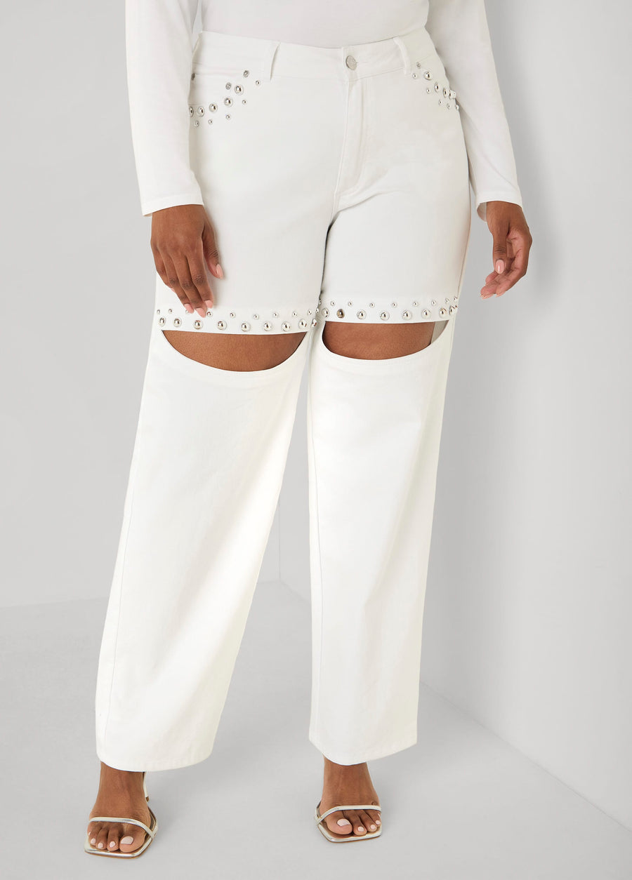 Cutout Studded Straight Leg Jeans