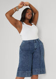 Pintucked Stonewash Denim Capris