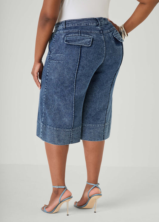 Pintucked Stonewash Denim Capris