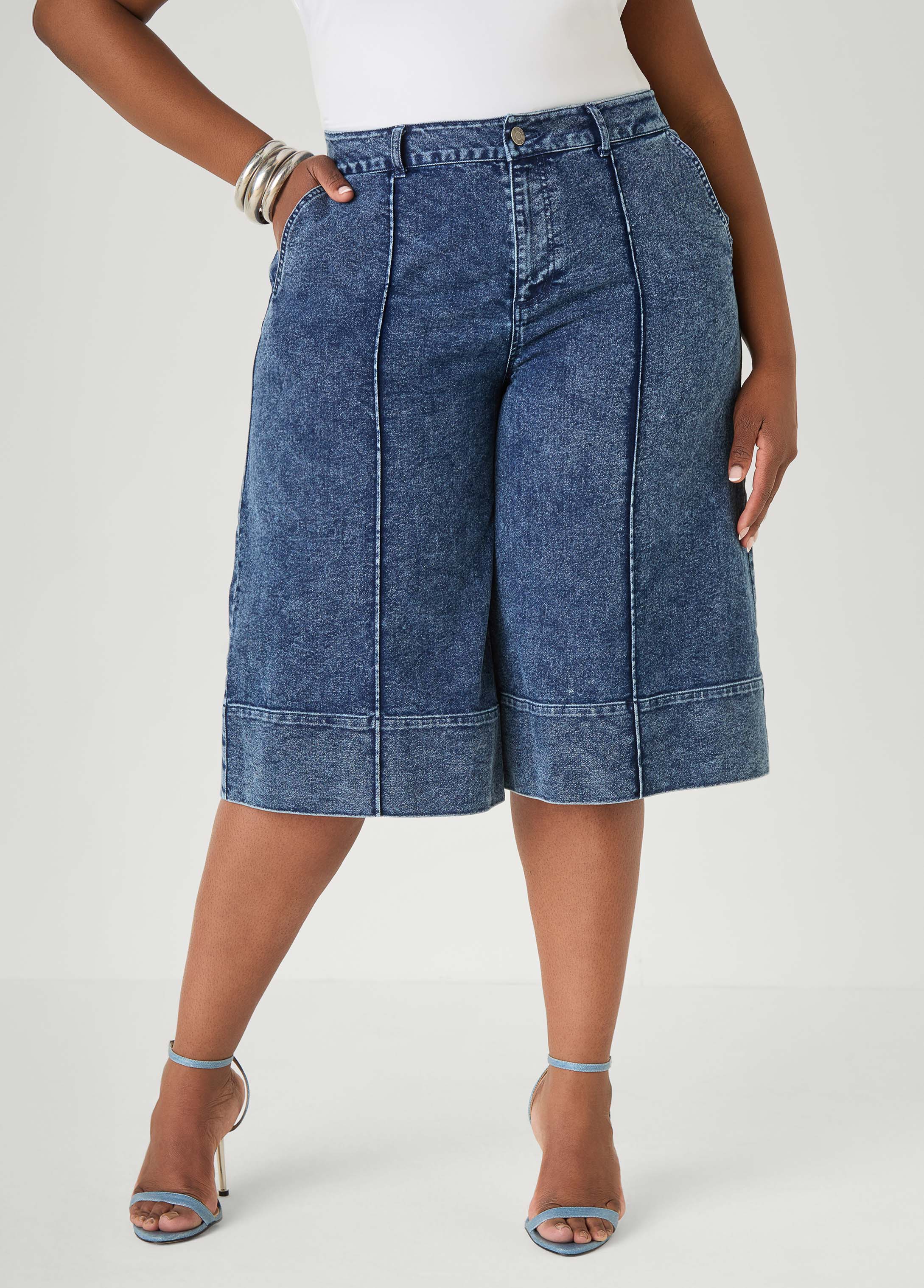 Pintucked Stonewash Denim Capris