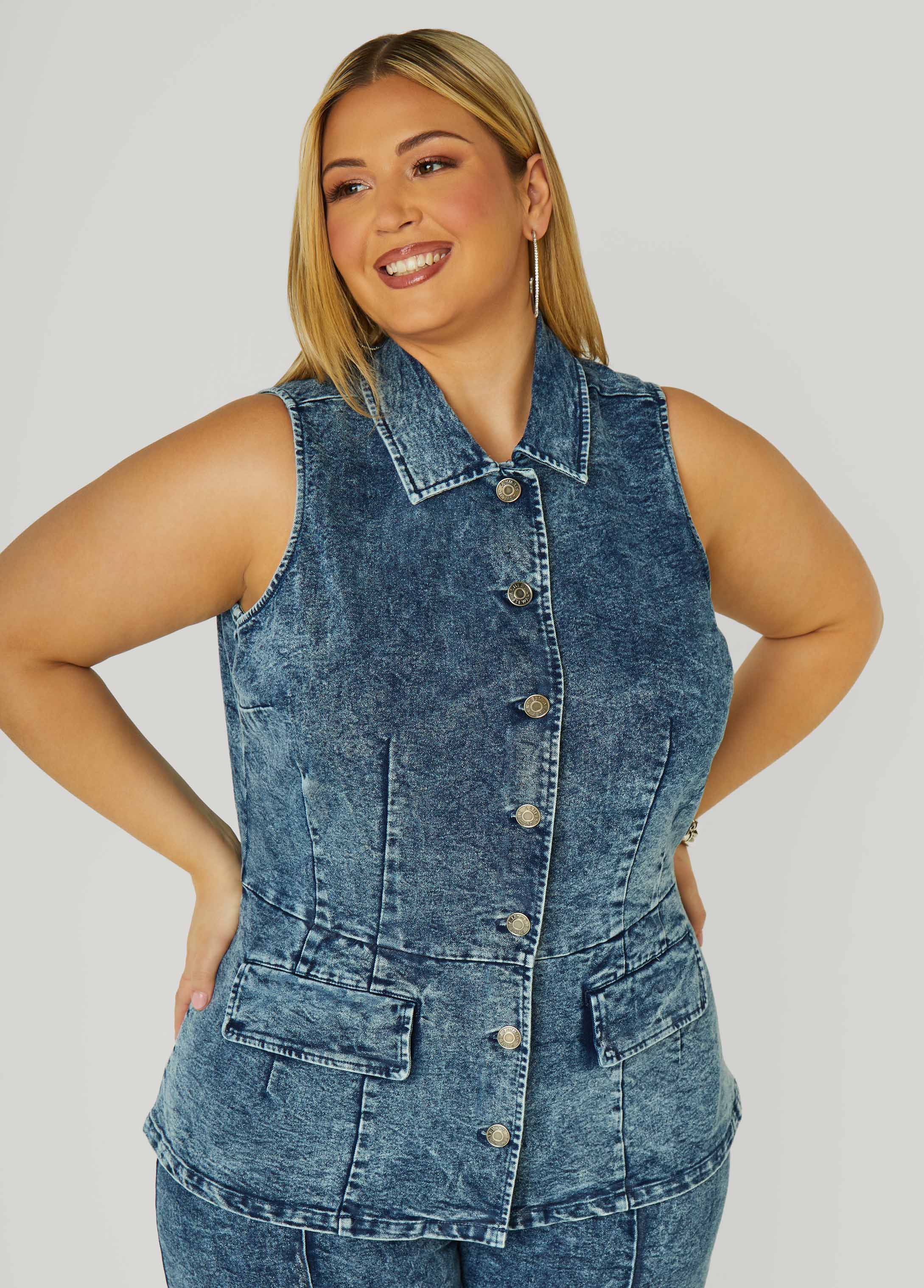 Plus Size Denim Vest Plus Size Stonewash Denim Plus Size Two Piece Set