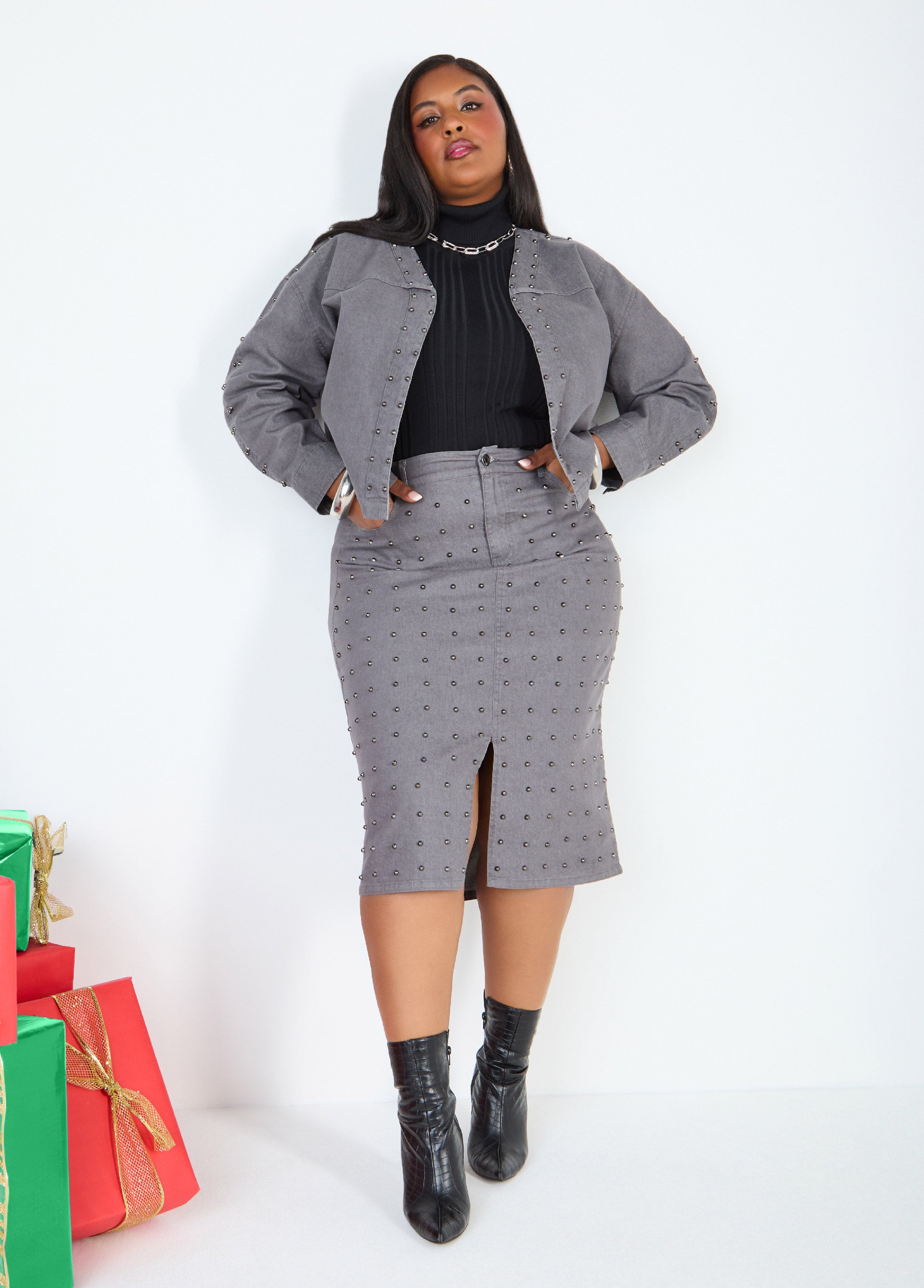 Studded Front Split Denim Skirt