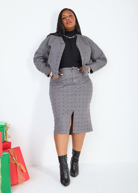 Studded Front Split Denim Skirt