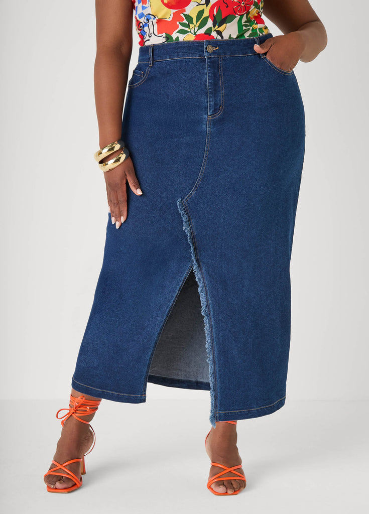 Frayed Denim Maxi Skirt – Ashley Stewart