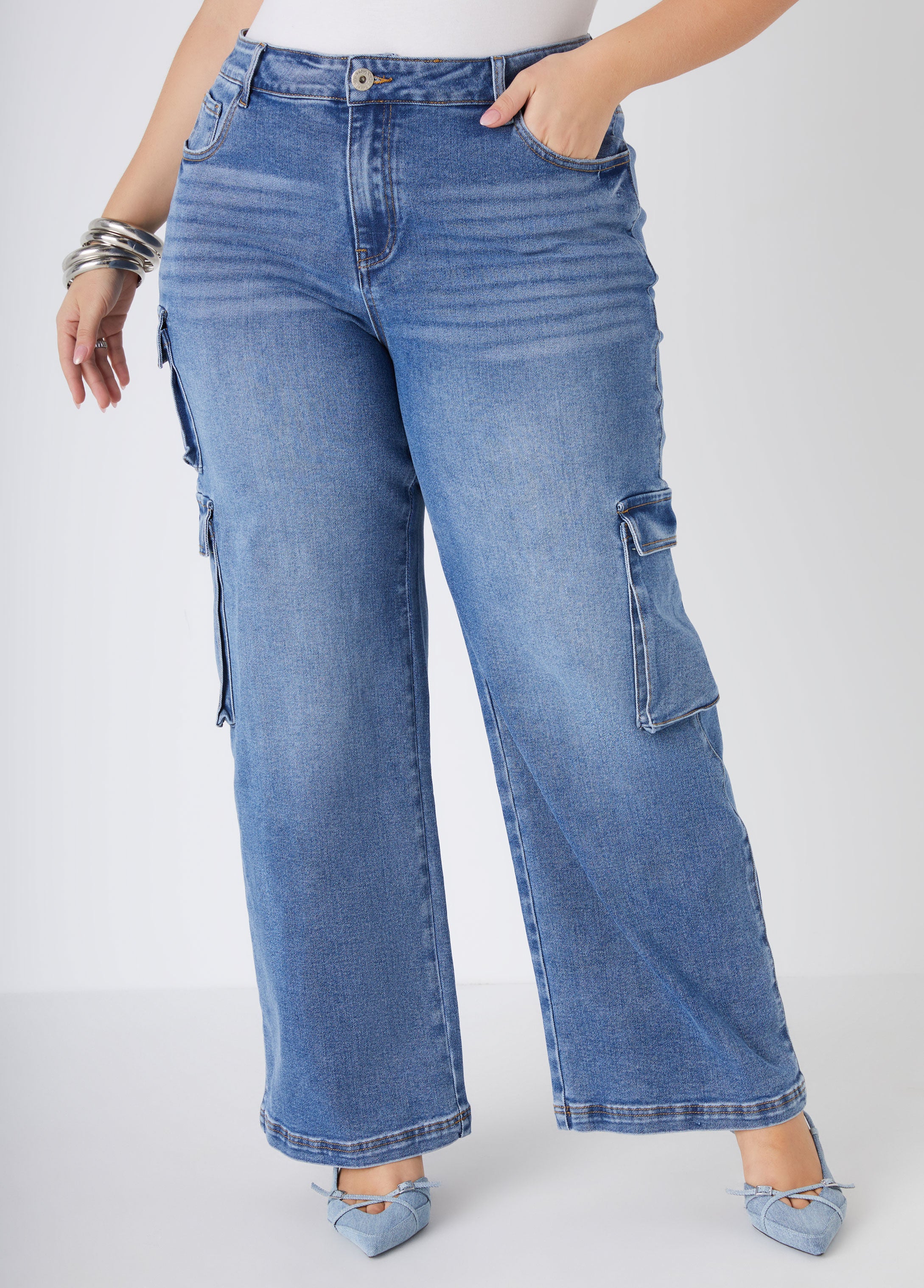 Plus Size Cargo Jeans Trendy Mid Rise Denim Cargo Jeans
