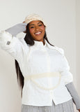 Plus Size White Collared Shirt Textured Holiday Rhinestone Top