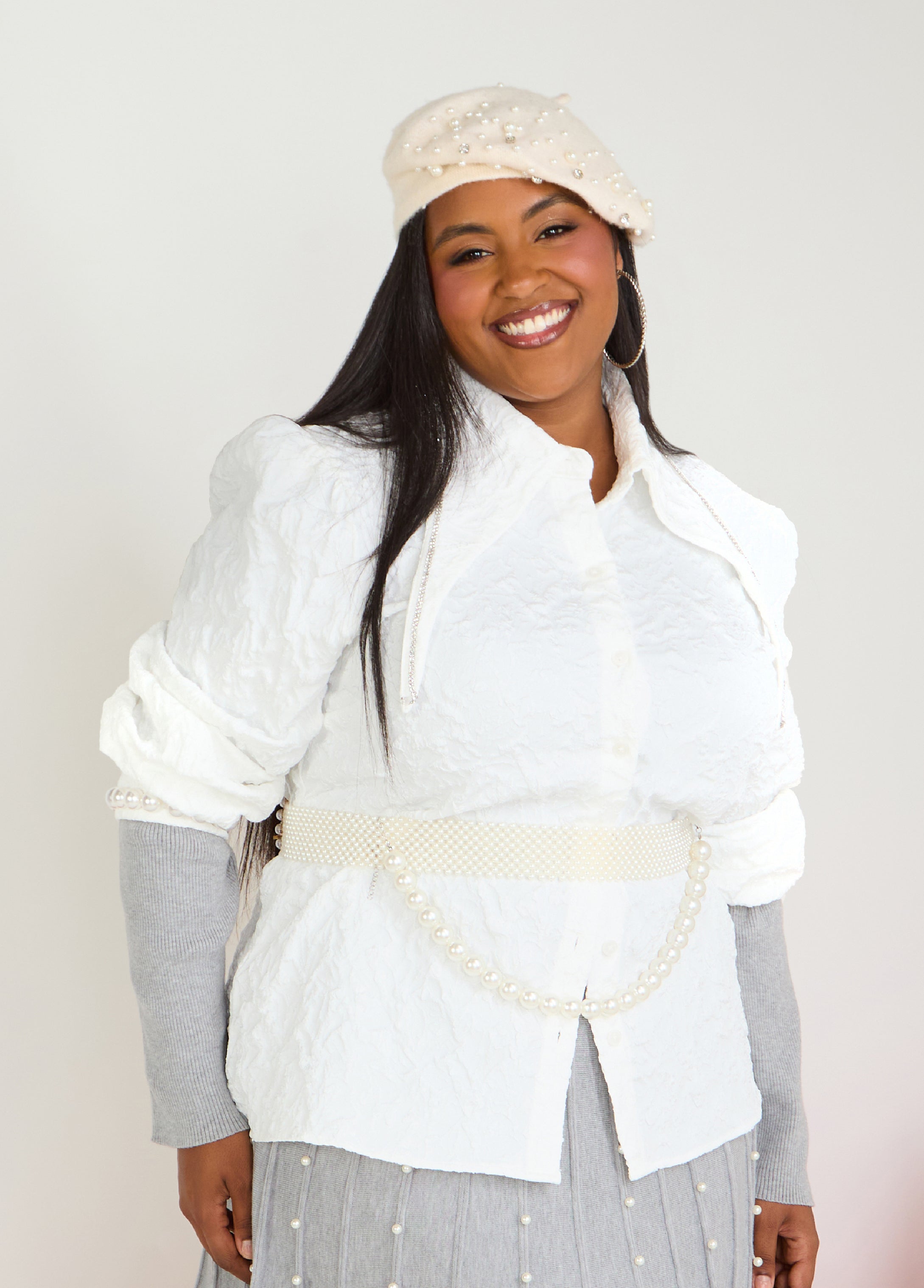 Plus Size White Collared Shirt Textured Holiday Rhinestone Top