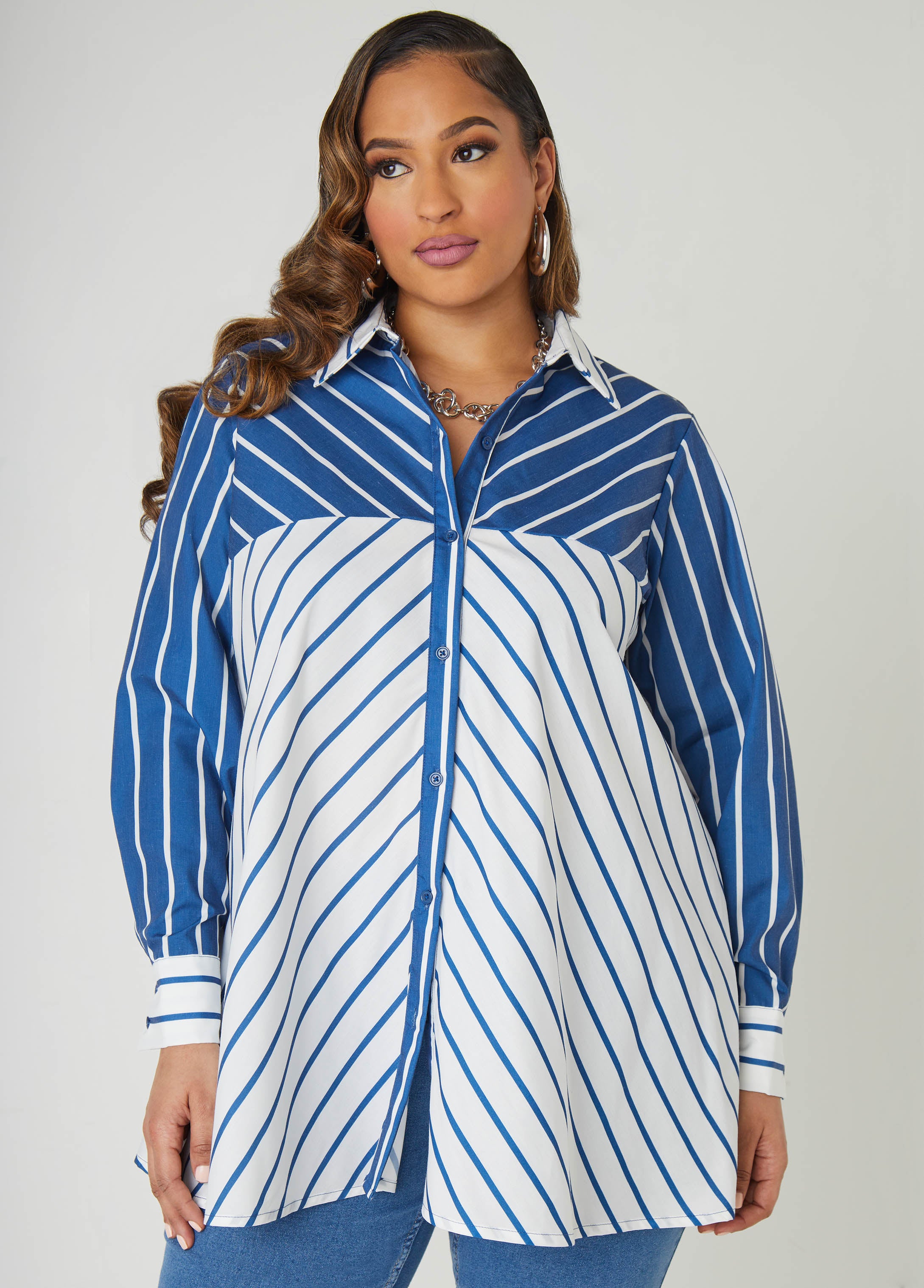 Plus Size Collared Striped Shirt
