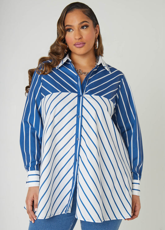 Plus Size Collared Striped Shirt