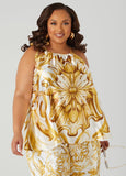 Plus Size Tie Neck Baroque Print Top
